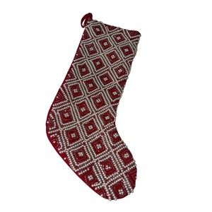 TOTAL HOME Embellished RED WITH PEARLS, SILVER BEADS CHRISTMAS STOCKING 21” NWT